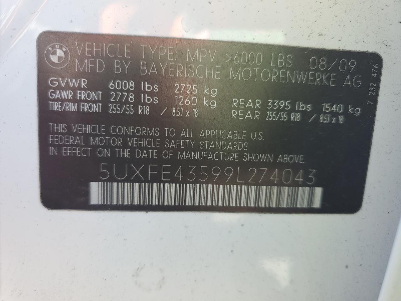 2009 BMW X5 xDrive30I VIN: 5UXFE43599L274043 Lot: 86307825