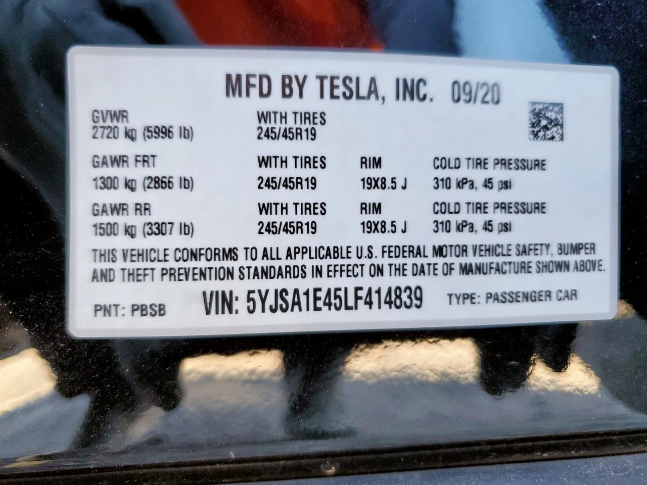 2020 Tesla Model S VIN: 5YJSA1E45LF414839 Lot: 82750375