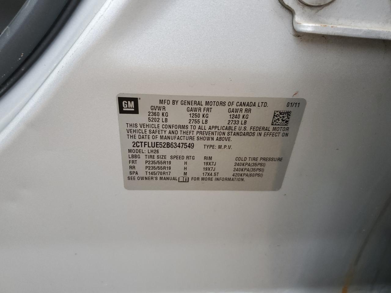 2011 GMC Terrain Slt VIN: 2CTFLUE52B6347549 Lot: 81923555