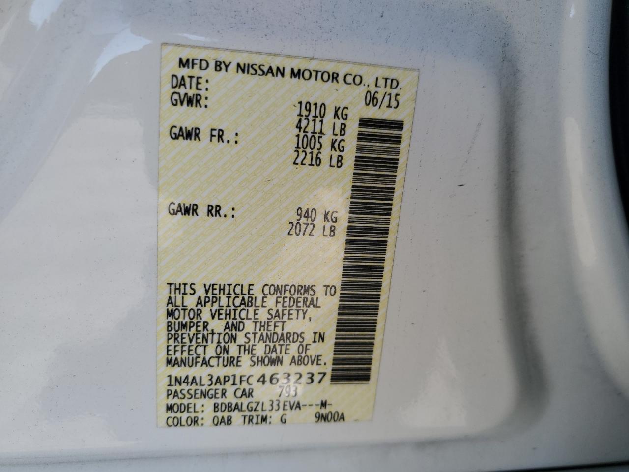 2015 Nissan Altima 2.5 VIN: 1N4AL3AP1FC463237 Lot: 85923355