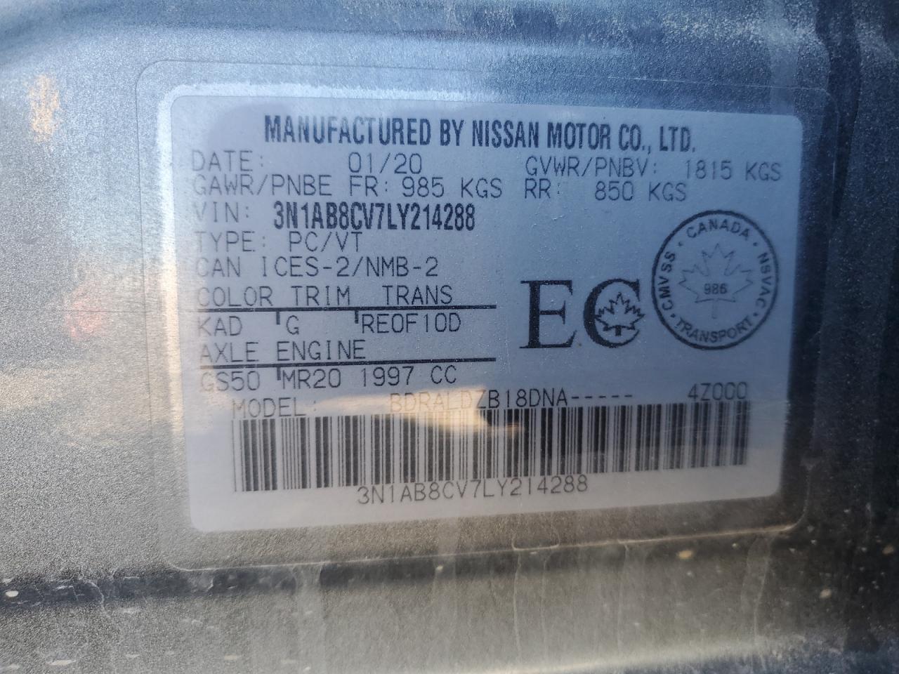 2020 Nissan Sentra Sv VIN: 3N1AB8CV7LY214288 Lot: 84635905