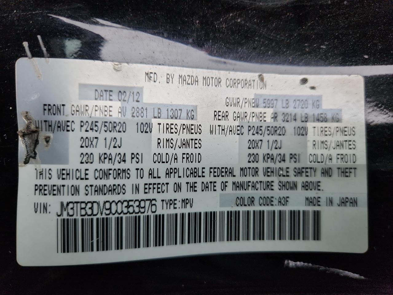 2012 Mazda Cx-9 VIN: JM3TB3DV9C0353976 Lot: 85314255