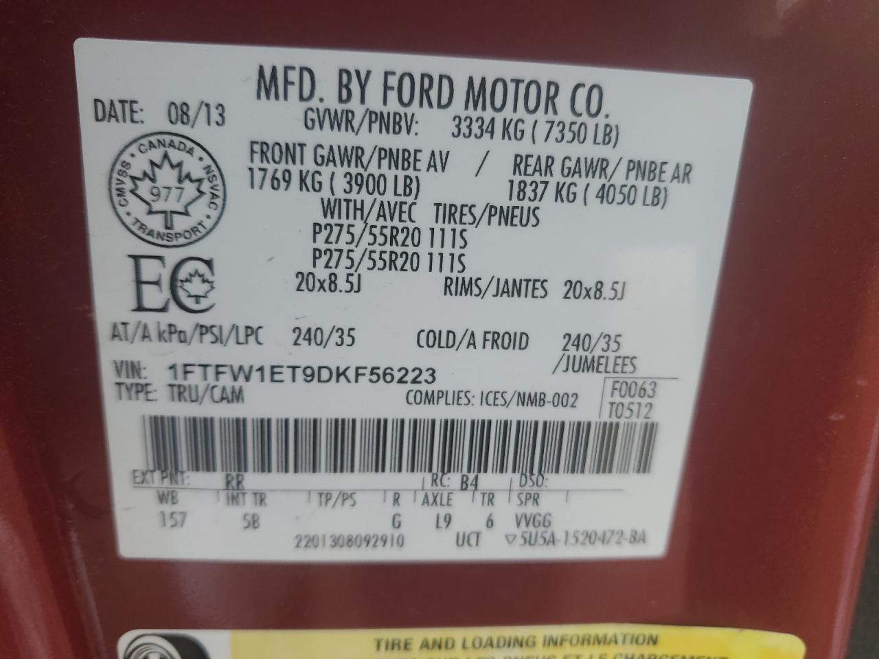 2013 Ford F150 Supercrew VIN: 1FTFW1ET9DKF56223 Lot: 89874645