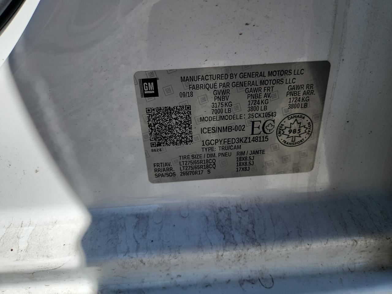 2019 Chevrolet Silverado K1500 Lt Trail Boss VIN: 1GCPYFED3KZ148115 Lot: 85722785