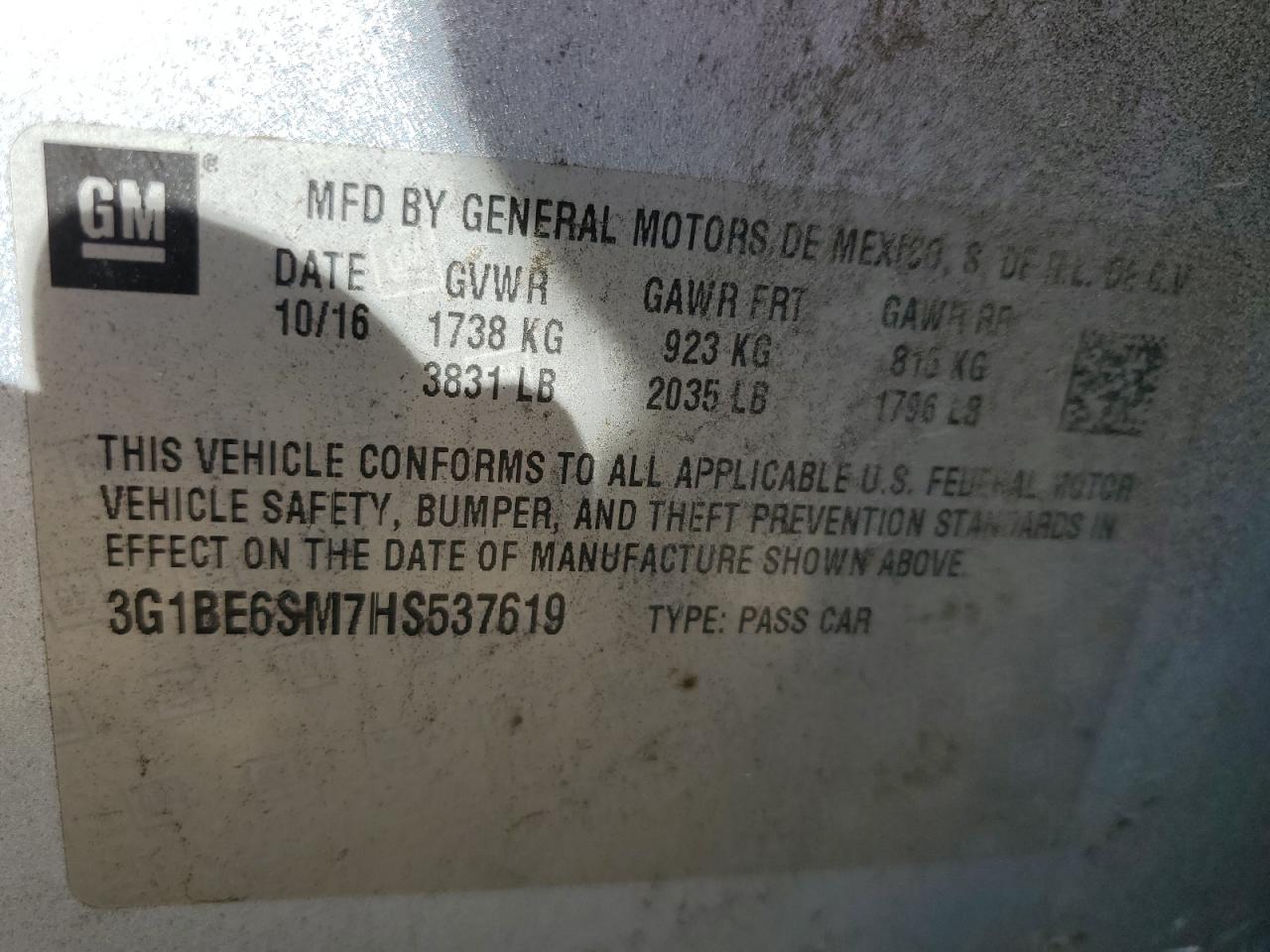 2017 Chevrolet Cruze Lt VIN: 3G1BE6SM7HS537619 Lot: 84967435