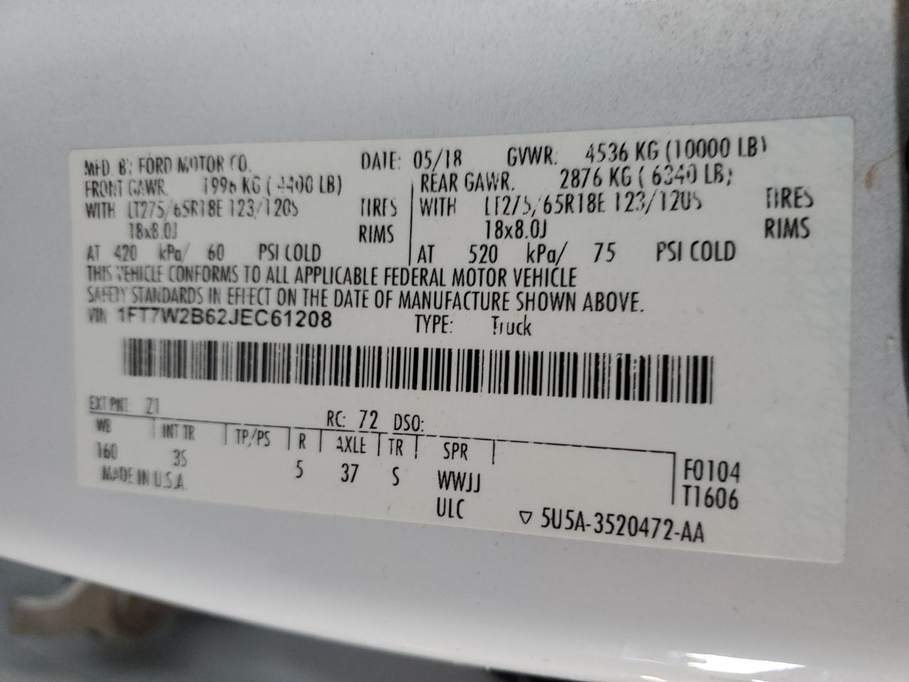 2018 Ford F250 Super Duty VIN: 1FT7W2B62JEC61208 Lot: 81888005