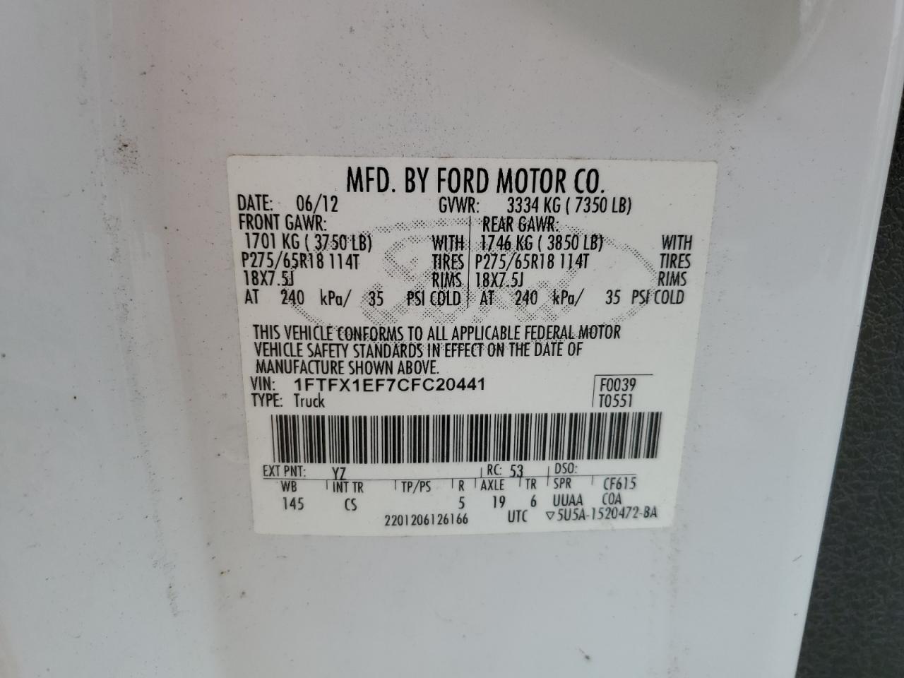 2012 Ford F150 Super Cab VIN: 1FTFX1EF7CFC20441 Lot: 82286135