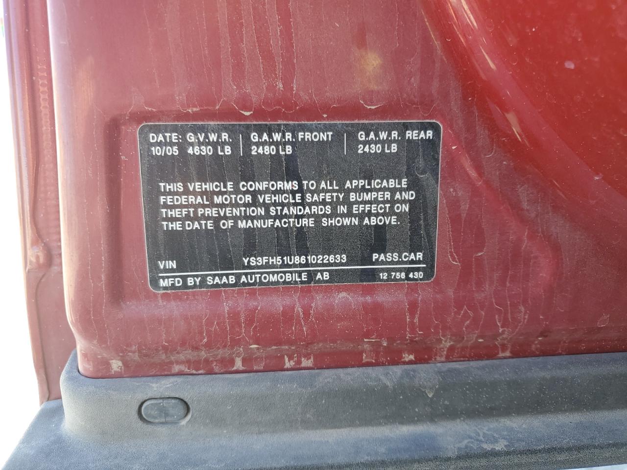 2006 Saab 9-3 Aero VIN: YS3FH51U861022633 Lot: 85729745