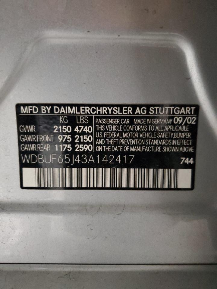 2003 Mercedes-Benz E 320 VIN: WDBUF65J43A142417 Lot: 85944125