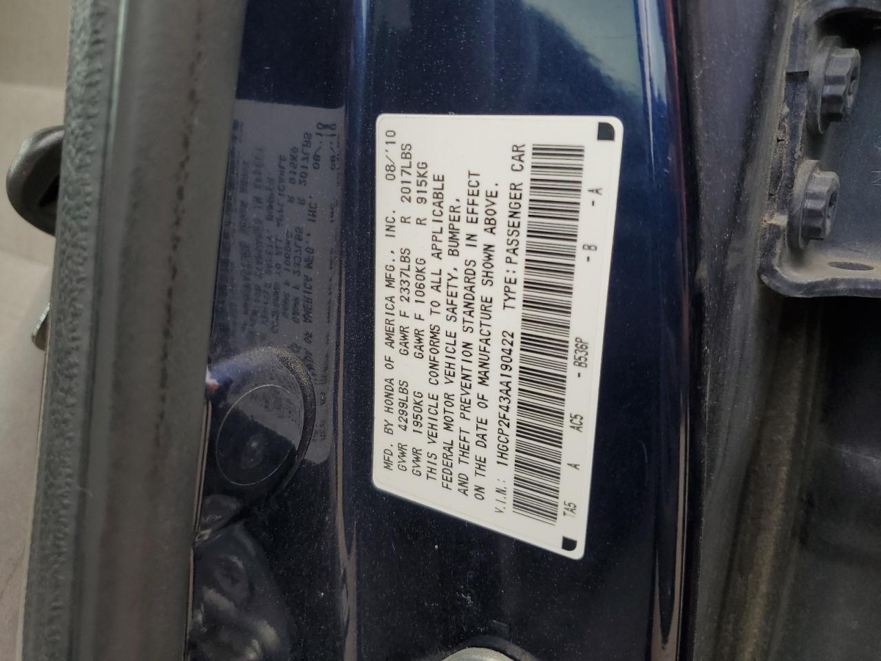 2010 Honda Accord Lxp VIN: 1HGCP2F43AA190422 Lot: 82374605