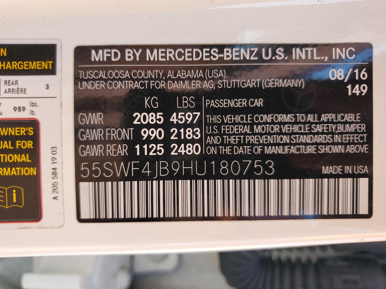 2017 Mercedes-Benz C 300 VIN: 55SWF4JB9HU180753 Lot: 89503905