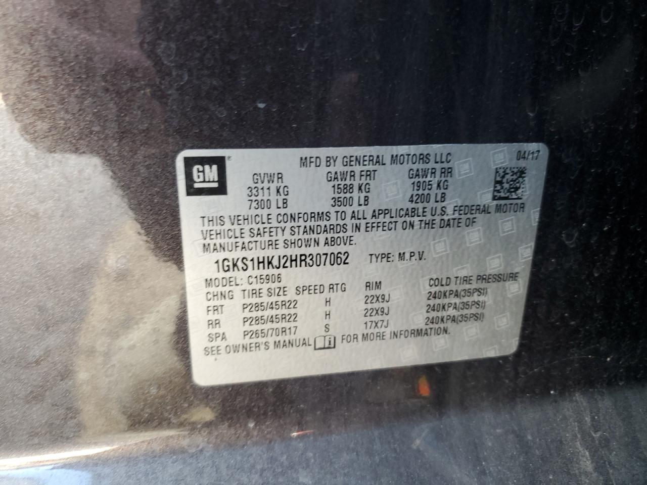 2017 GMC Yukon Xl Denali VIN: 1GKS1HKJ2HR307062 Lot: 89693685