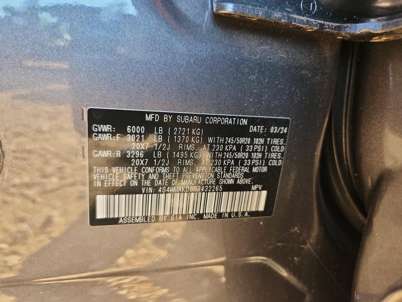 2024 Subaru Ascent Onyx Edition VIN: 4S4WMAKD8R3432265 Lot: 84174445