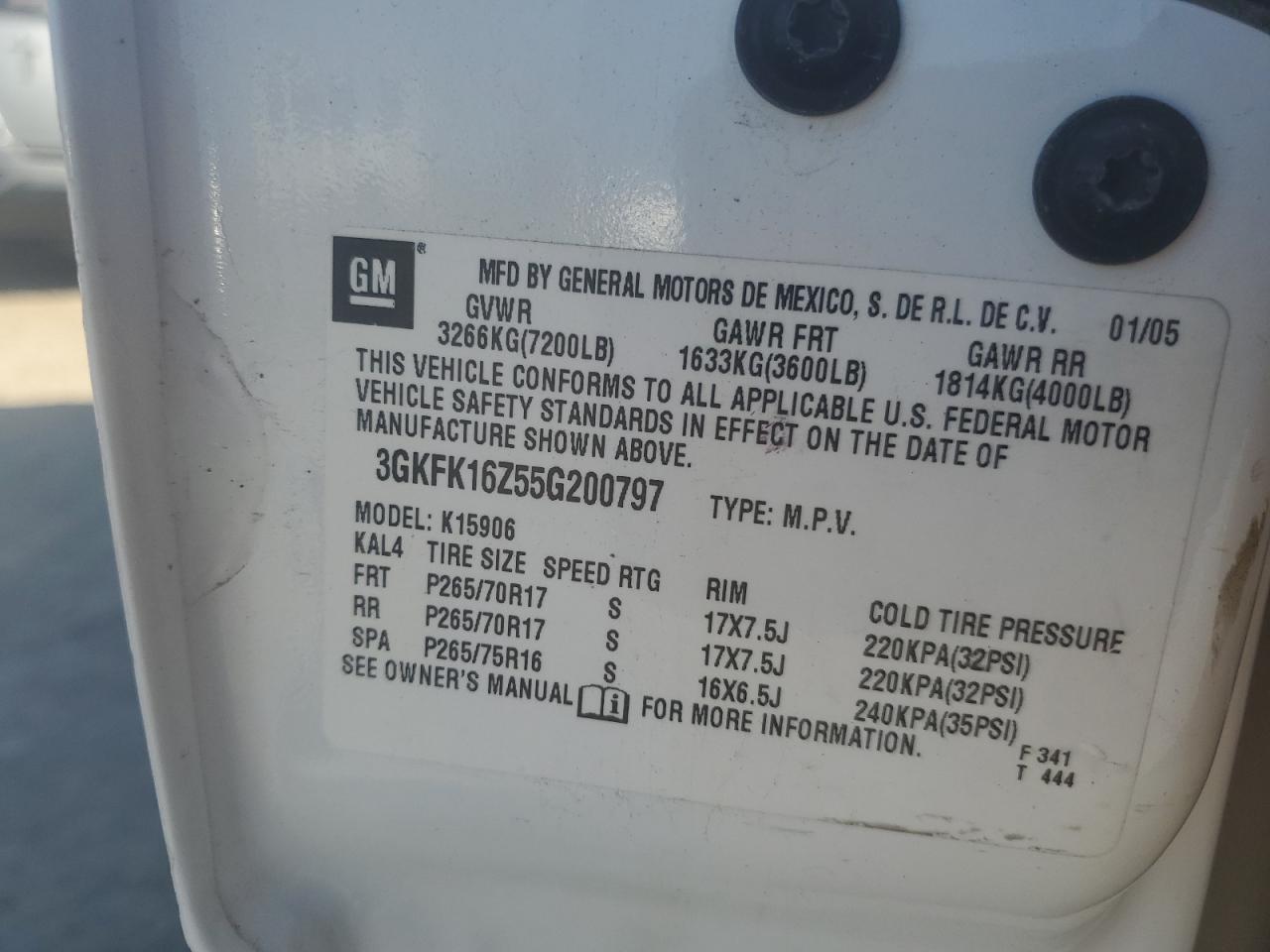 2005 GMC Yukon Xl K1500 VIN: 3GKFK16Z55G200797 Lot: 82582205