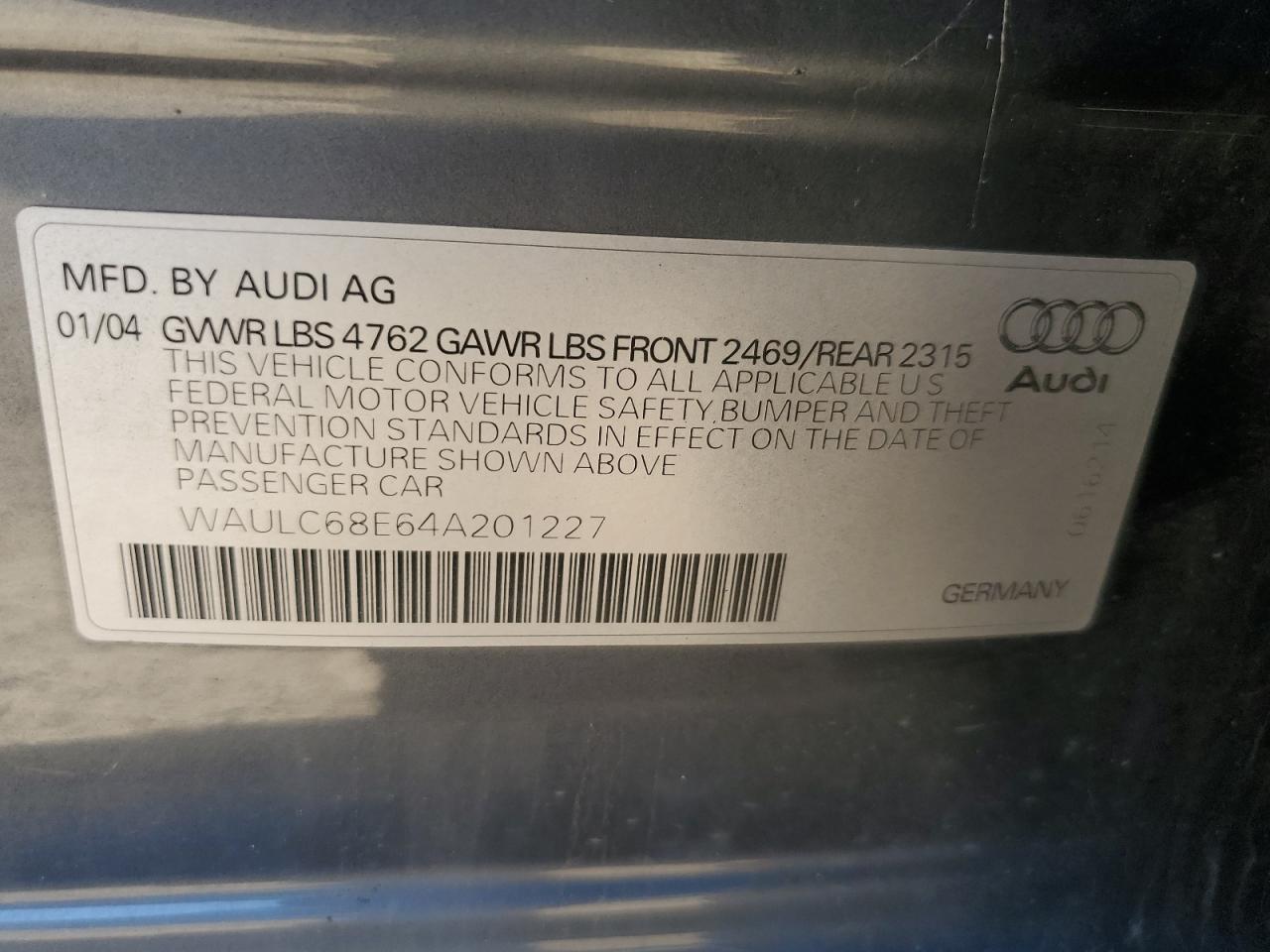 2004 Audi A4 Quattro VIN: WAULC68E64A201227 Lot: 84255405