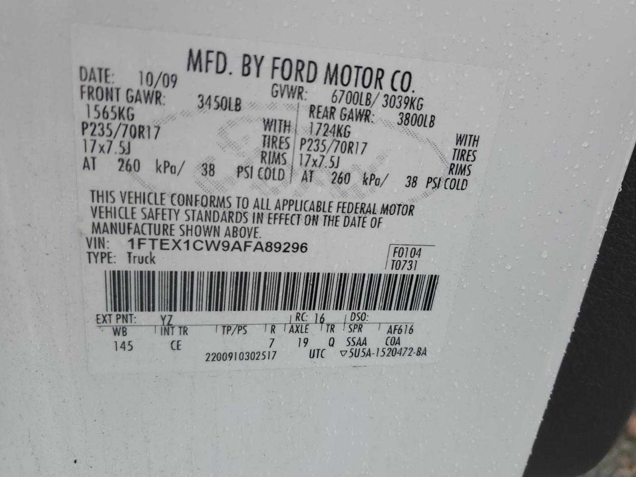 2010 Ford F150 Super Cab VIN: 1FTEX1CW9AFA89296 Lot: 89908595