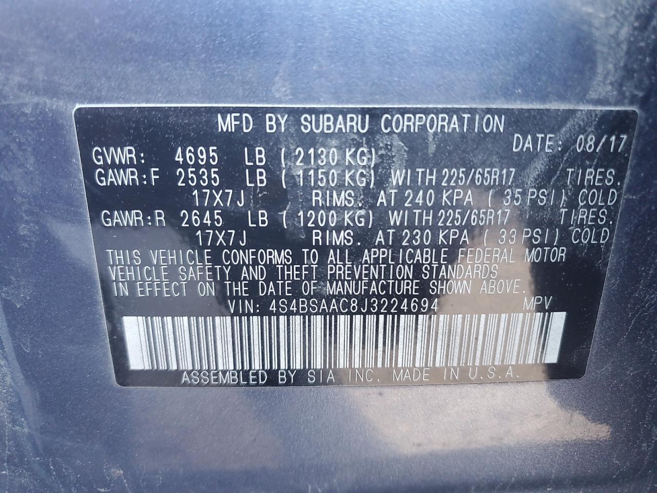 2018 Subaru Outback 2.5I VIN: 4S4BSAAC8J3224694 Lot: 84010415