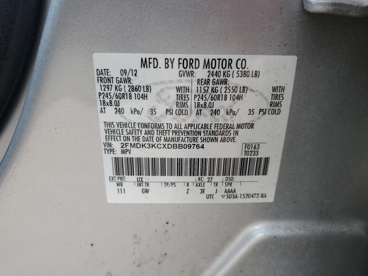 2013 Ford Edge Limited VIN: 2FMDK3KCXDBB09764 Lot: 82381505