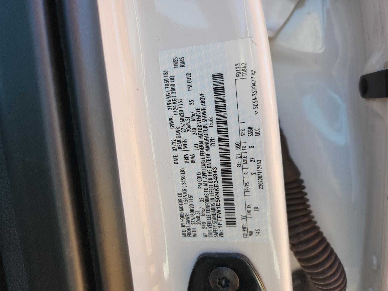 2022 Ford F150 Supercrew VIN: 1FTFW1E56NKE34843 Lot: 85278725