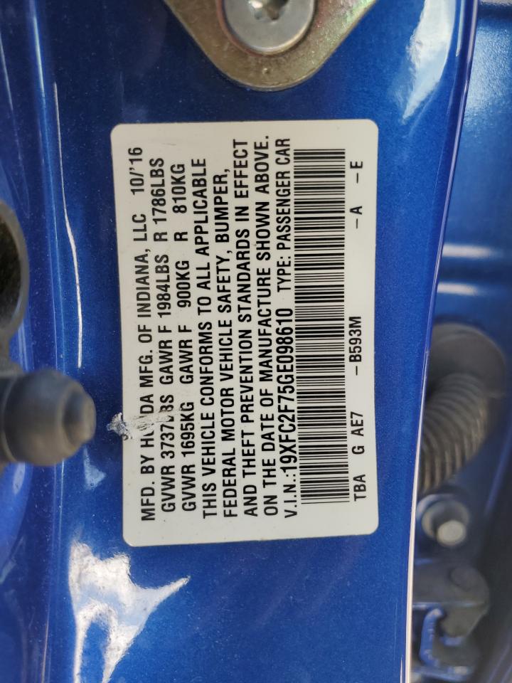 2016 Honda Civic Ex VIN: 19XFC2F75GE098610 Lot: 85577095