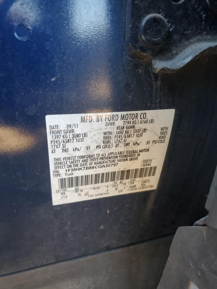 2012 Ford Explorer VIN: 1FMHK7B88CGA30797 Lot: 85493885