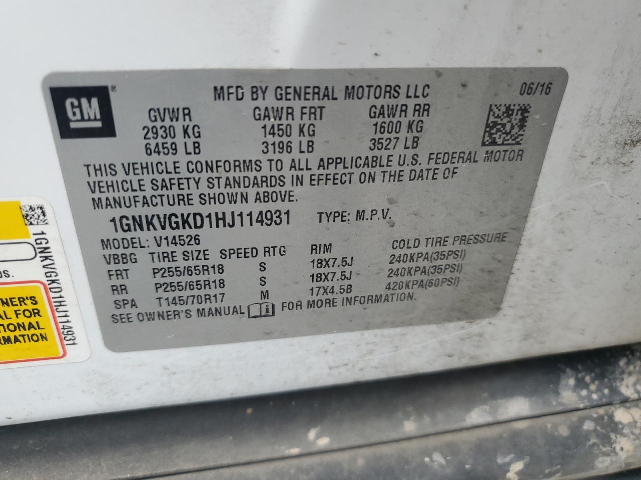 2017 Chevrolet Traverse Lt VIN: 1GNKVGKD1HJ114931 Lot: 82228845