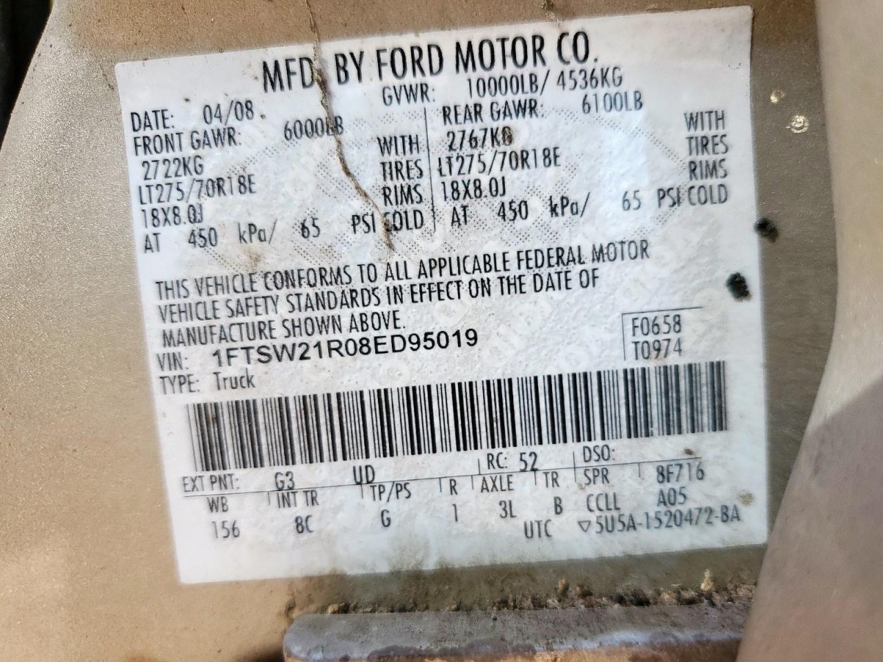 2008 Ford F250 Super Duty VIN: 1FTSW21R08ED95019 Lot: 85089025