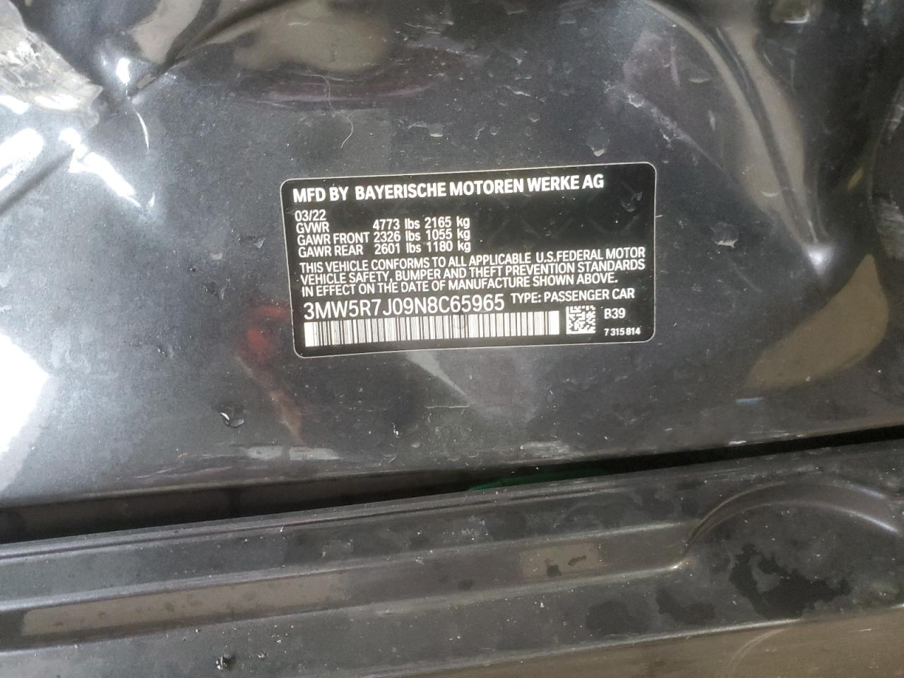 2022 BMW 330Xi VIN: 3MW5R7J09N8C65965 Lot: 90372195