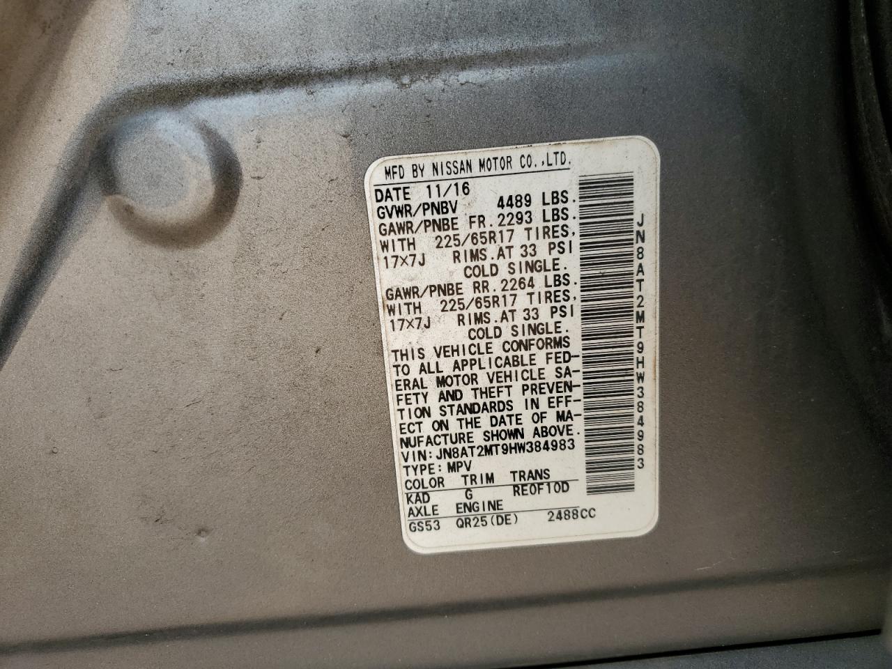 2017 Nissan Rogue S VIN: JN8AT2MT9HW384983 Lot: 82297935