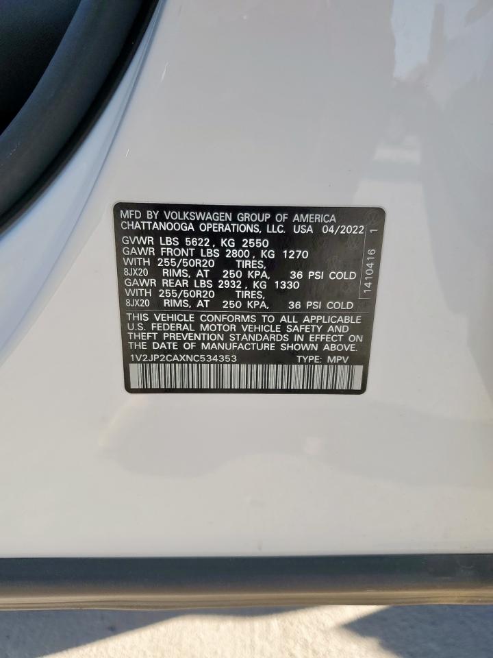 2022 Volkswagen Atlas Se VIN: 1V2JP2CAXNC534353 Lot: 85540825