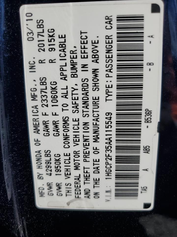 2010 Honda Accord Lx VIN: 1HGCP2F35AA115549 Lot: 85530105