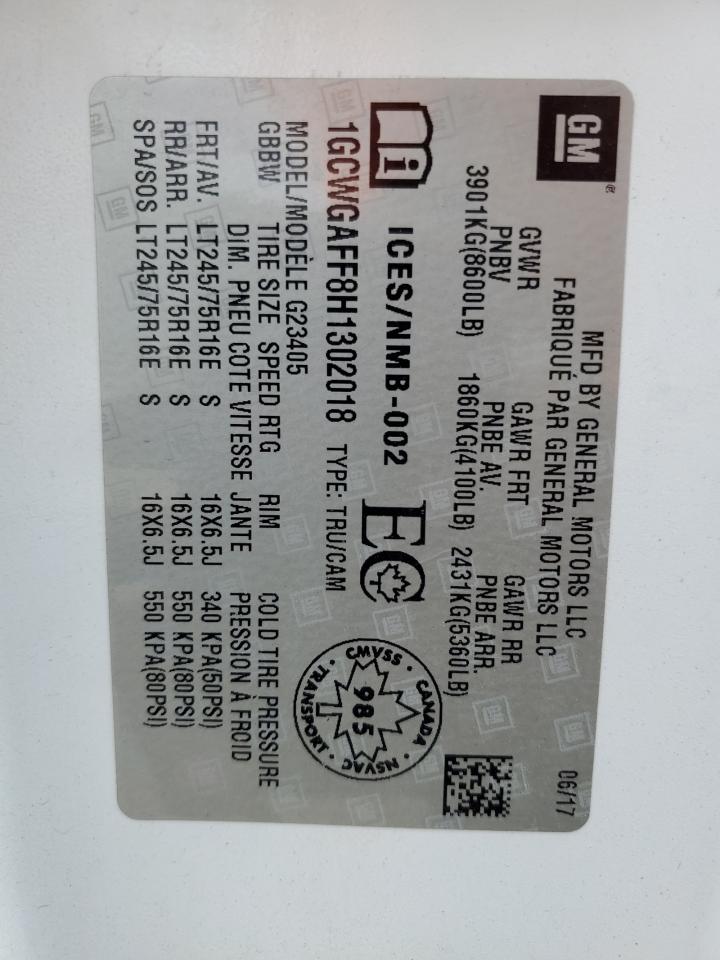 2017 Chevrolet Express G2500 VIN: 1GCWGAFF8H1302018 Lot: 82526765