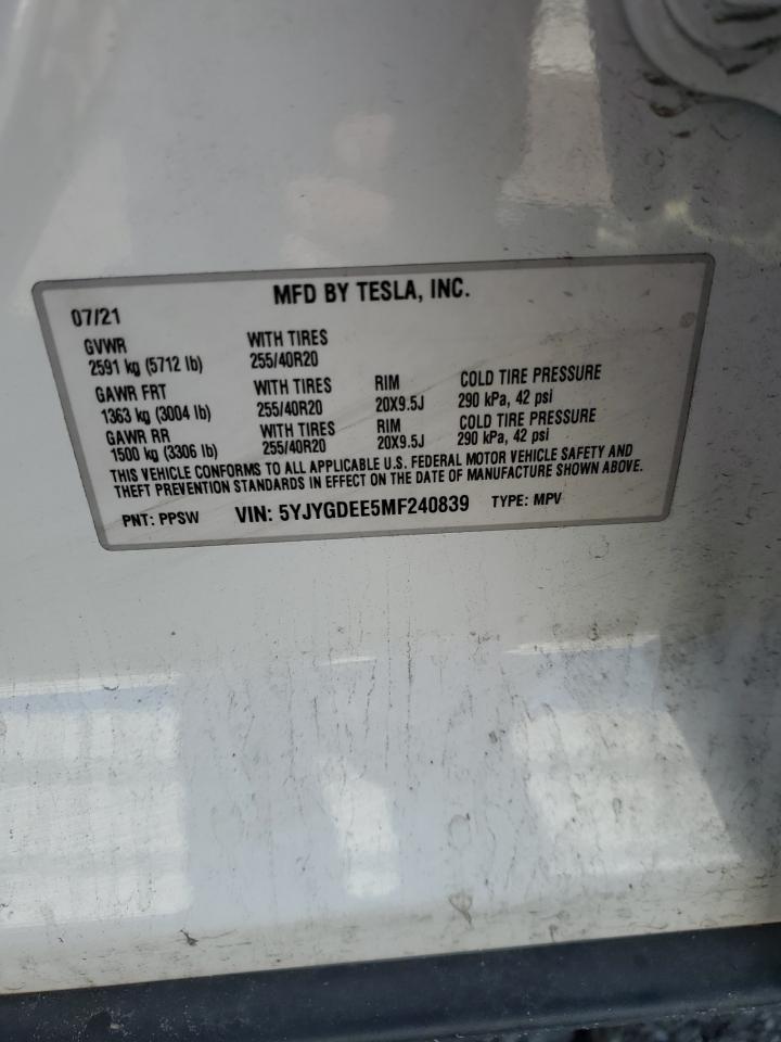 2021 Tesla Model Y VIN: 5YJYGDEE5MF240839 Lot: 82506005