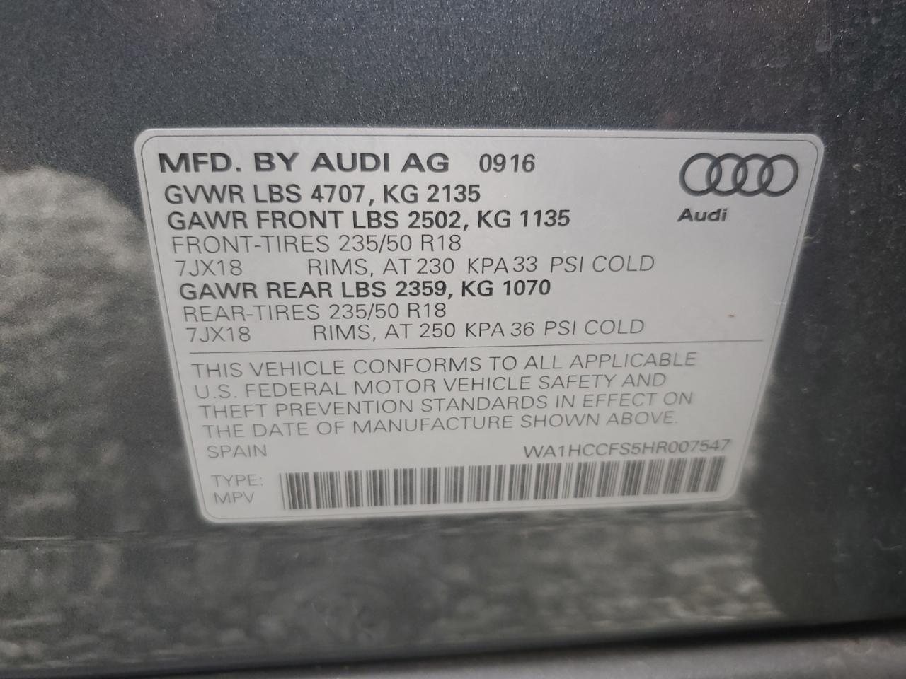 2017 Audi Q3 Premium Plus VIN: WA1HCCFS5HR007547 Lot: 84473975