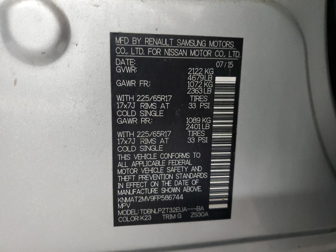 2015 Nissan Rogue S VIN: KNMAT2MV9FP586744 Lot: 82206135