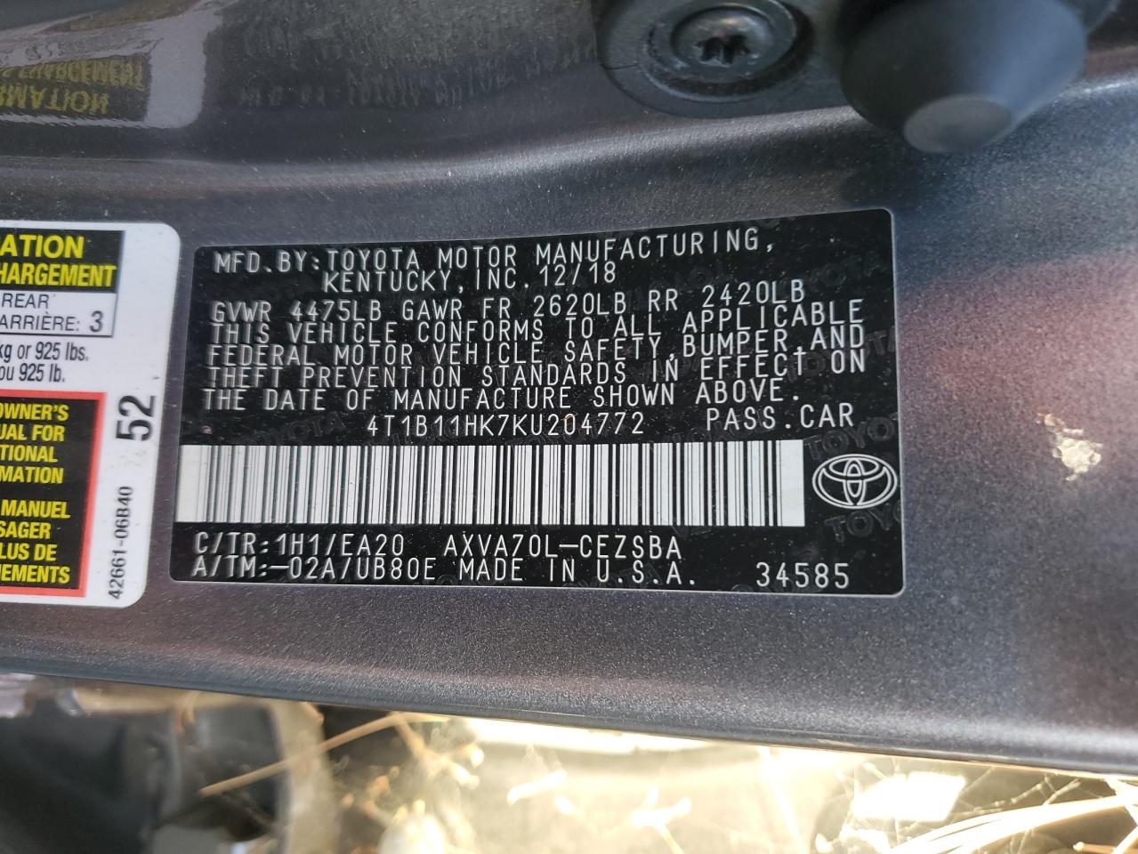 2019 Toyota Camry L VIN: 4T1B11HK7KU204772 Lot: 86123655