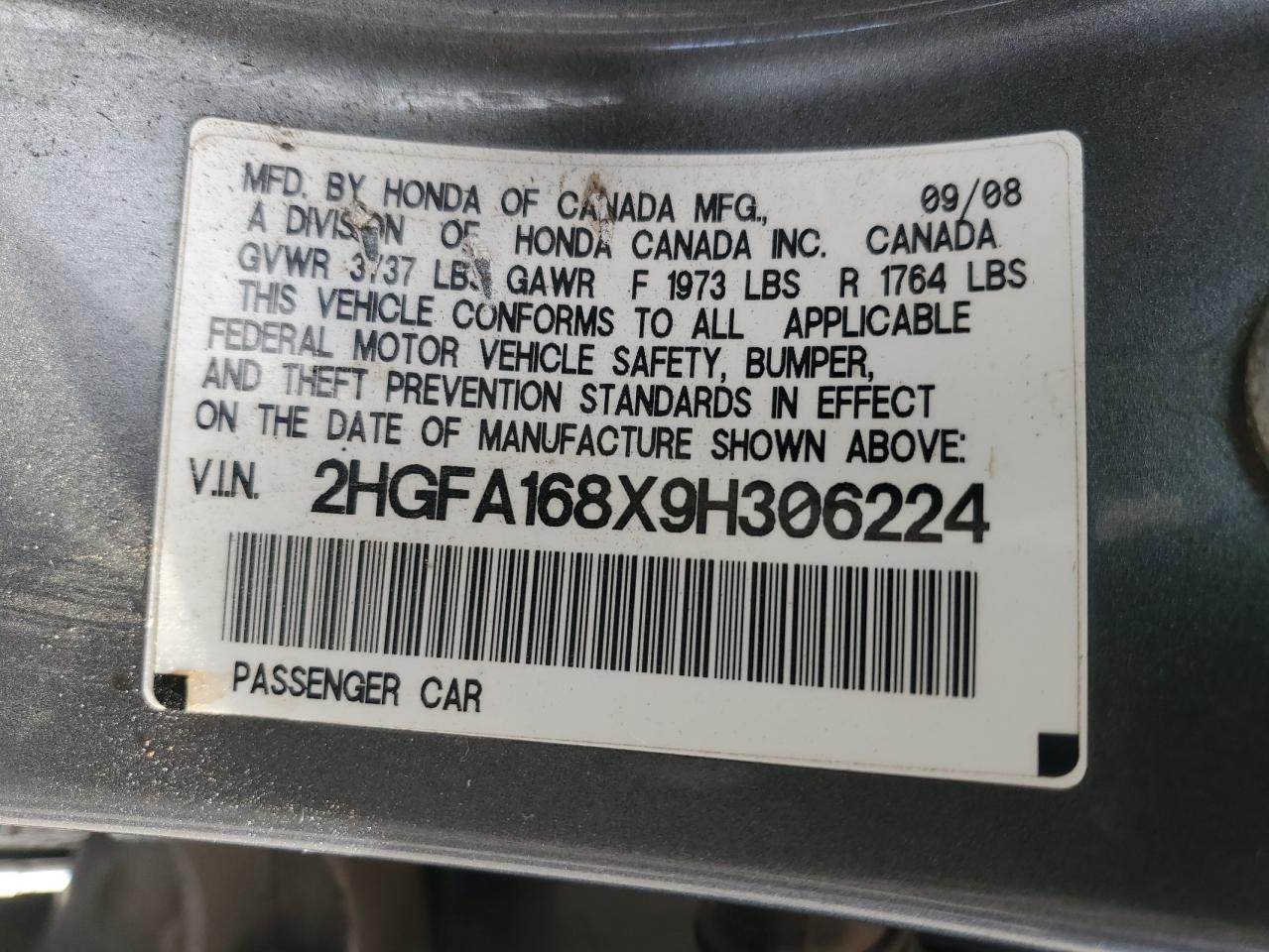 2009 Honda Civic Ex VIN: 2HGFA168X9H306224 Lot: 86646705