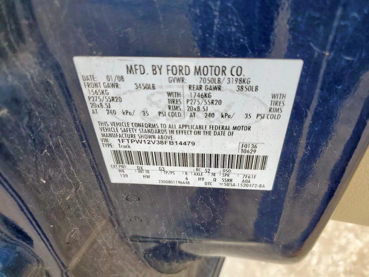 2008 Ford F150 Supercrew VIN: 1FTPW12V38FB14479 Lot: 86305715