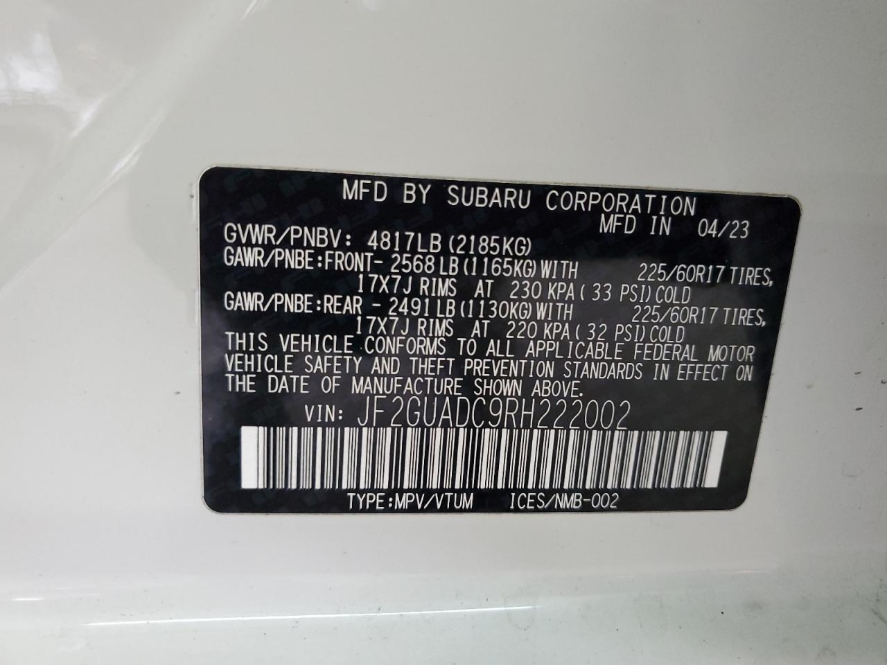 2024 Subaru Crosstrek Premium VIN: JF2GUADC9RH222002 Lot: 81839755