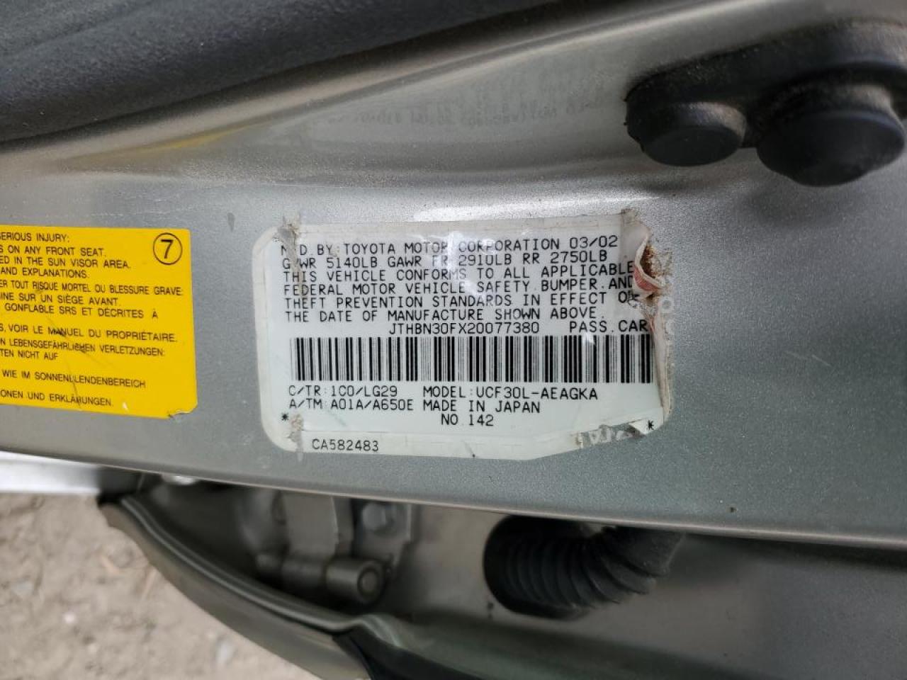 2002 Lexus Ls 430 VIN: JTHBN30FX20077380 Lot: 90105515