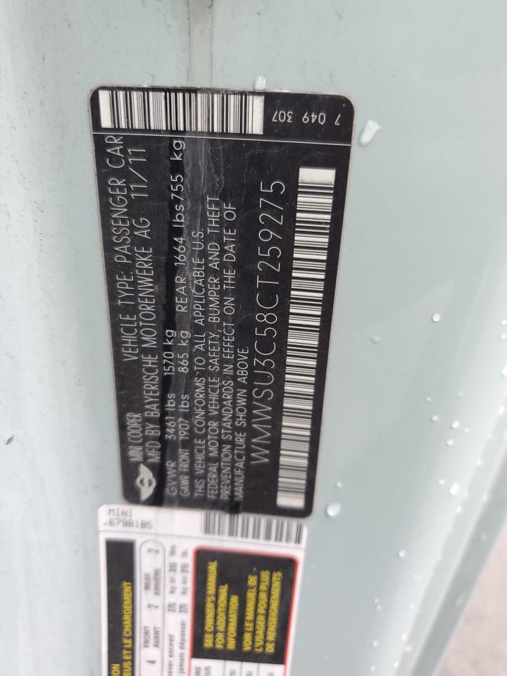 2012 Mini Cooper VIN: WMWSU3C58CT259275 Lot: 86711455