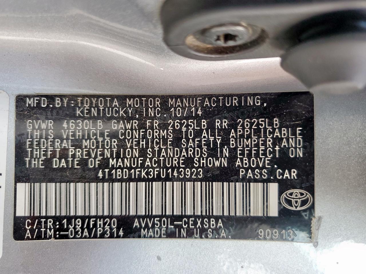 2015 Toyota Camry Hybrid VIN: 4T1BD1FK3FU143923 Lot: 84434745