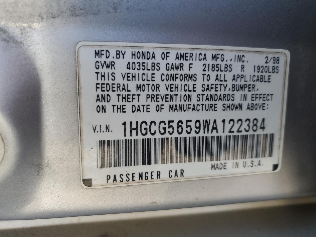 1998 Honda Accord Ex VIN: 1HGCG5659WA122384 Lot: 84902915