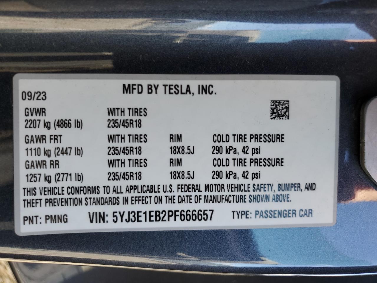 2023 Tesla Model 3 VIN: 5YJ3E1EB2PF666657 Lot: 89436275