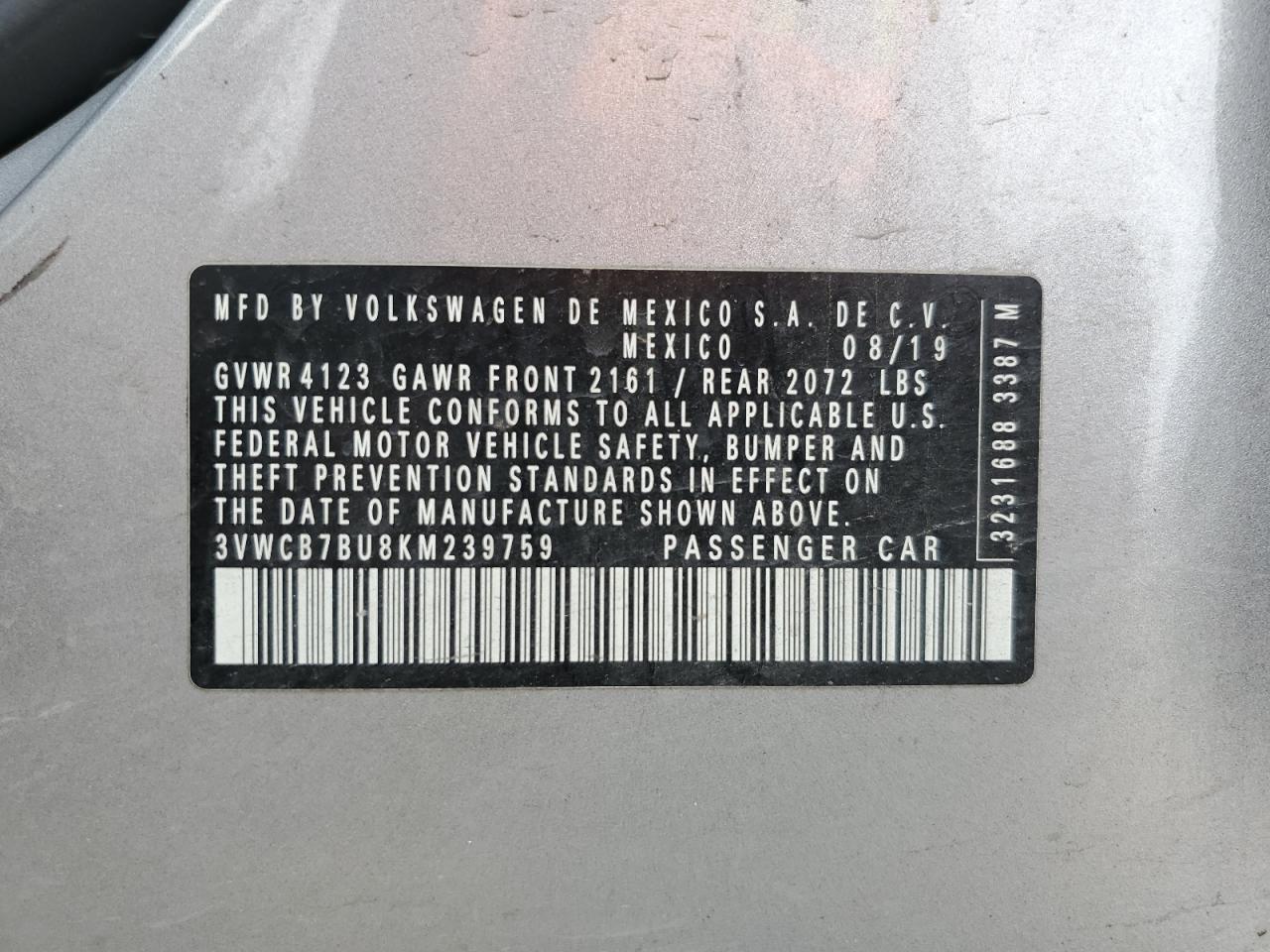 2019 Volkswagen Jetta S VIN: 3VWCB7BU8KM239759 Lot: 89898855