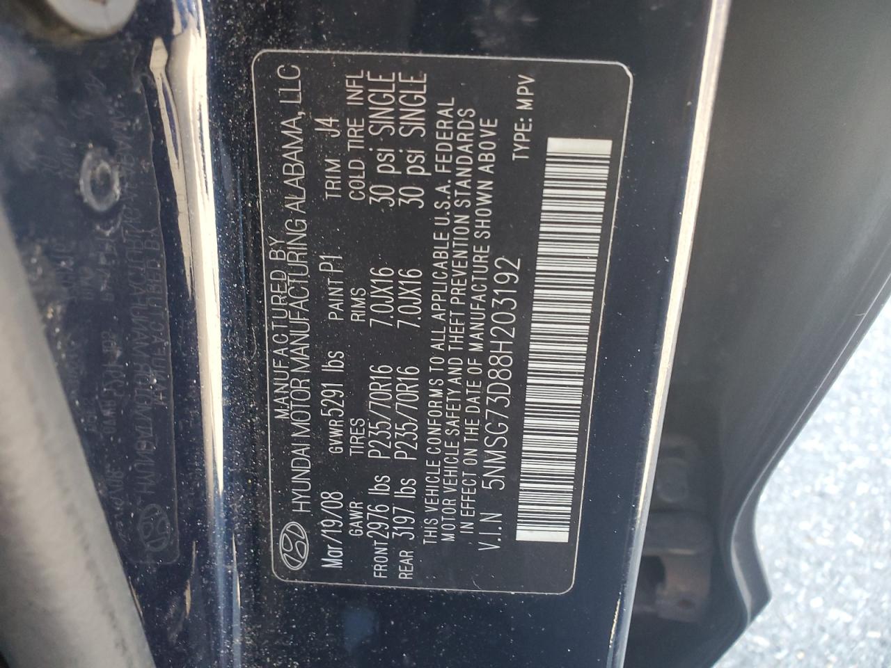 2008 Hyundai Santa Fe Gls VIN: 5NMSG73D88H203192 Lot: 81937945