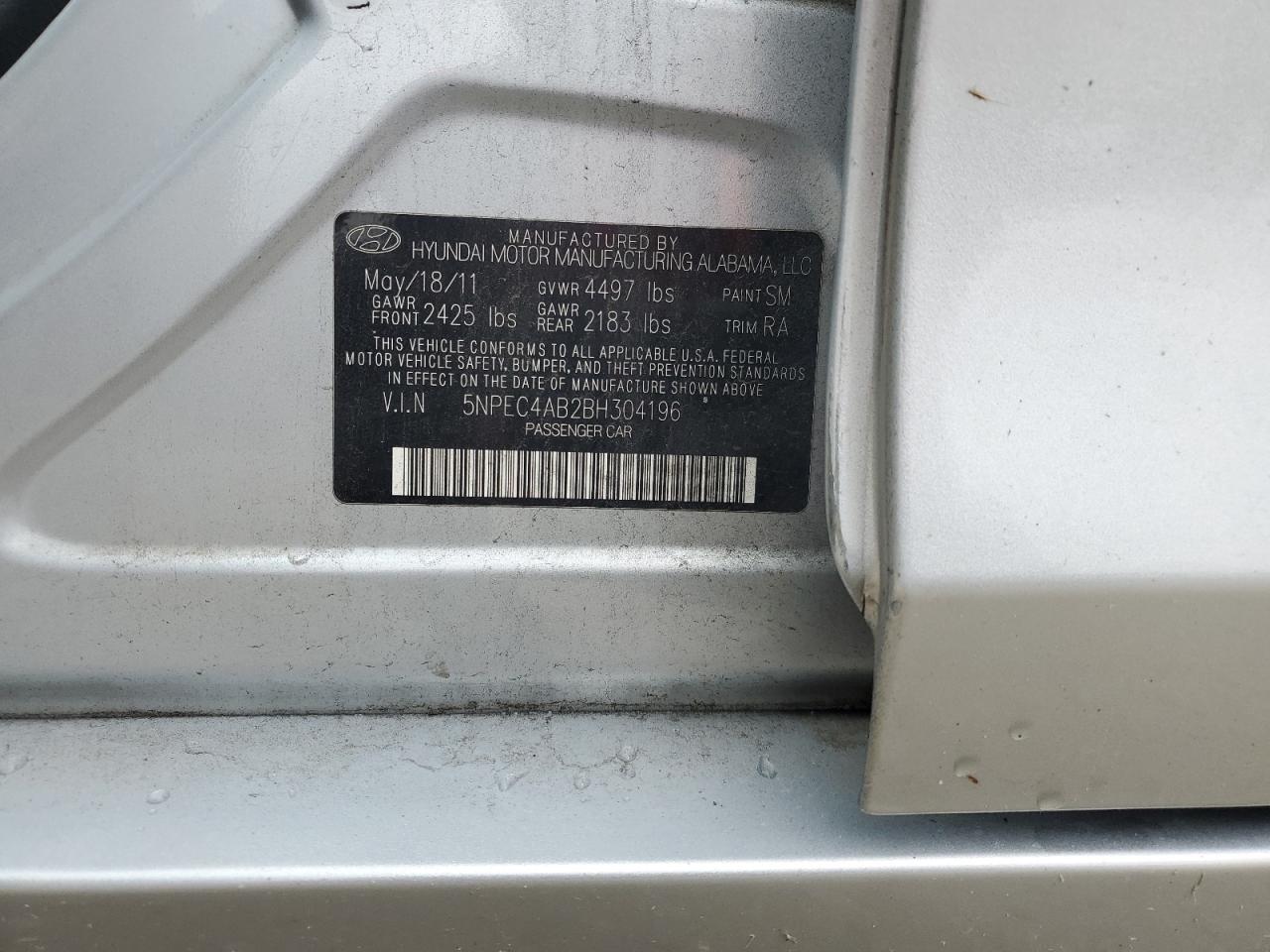 2011 Hyundai Sonata Se VIN: 5NPEC4AB2BH304196 Lot: 84642615