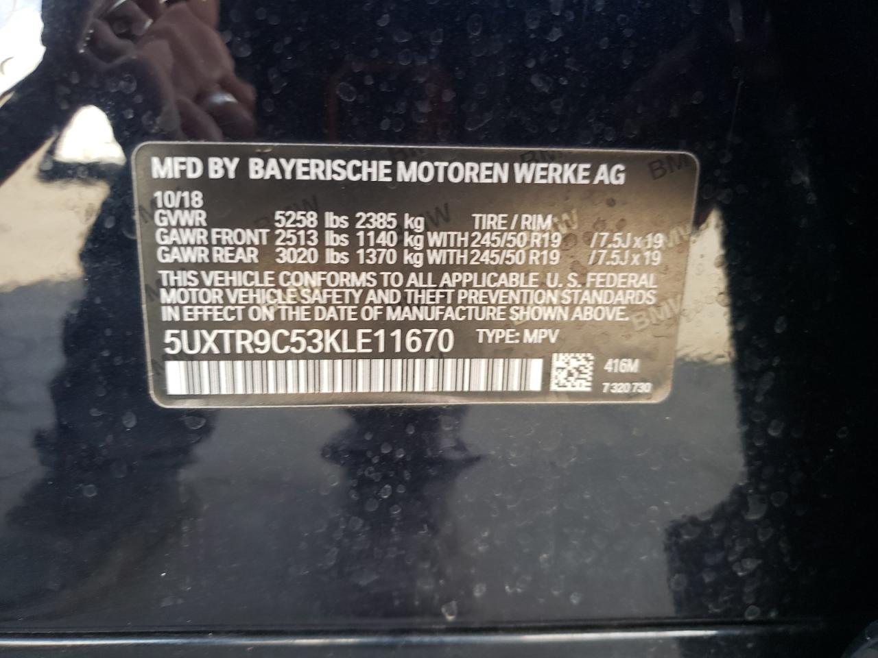 2019 BMW X3 xDrive30I VIN: 5UXTR9C53KLE11670 Lot: 82002865