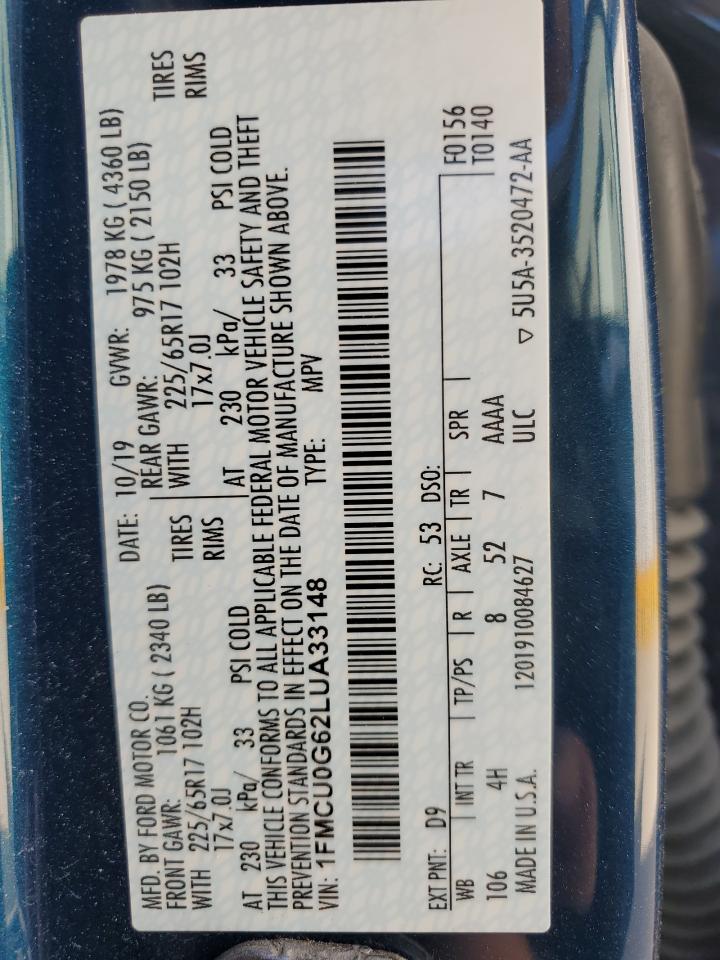 2020 Ford Escape Se VIN: 1FMCU0G62LUA33148 Lot: 85499725