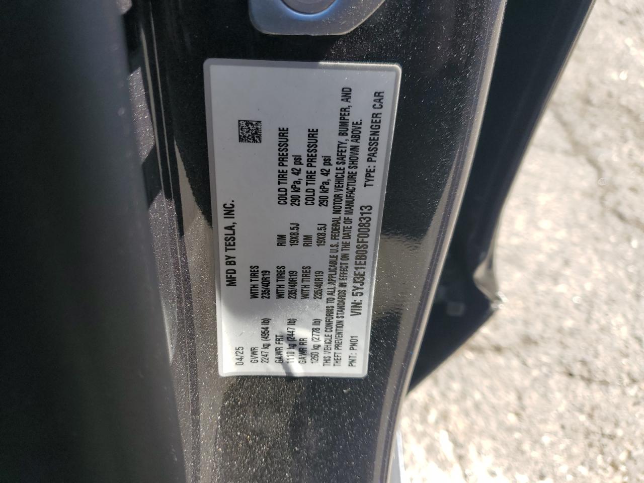 2025 Tesla Model 3 VIN: 5YJ3E1EB0SF008313 Lot: 85726765